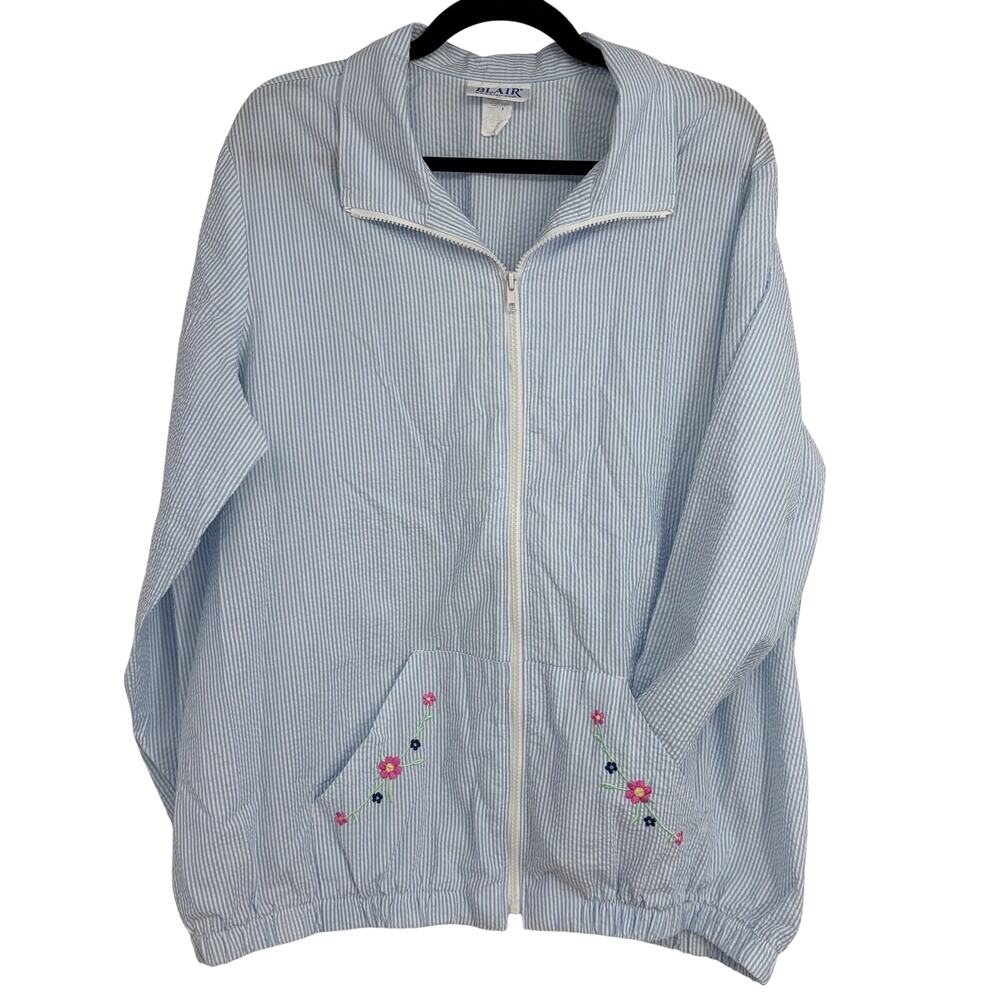 Blair Vintage Women's Blue White Full Zip Floral Embroidered Light Coat Size XL
